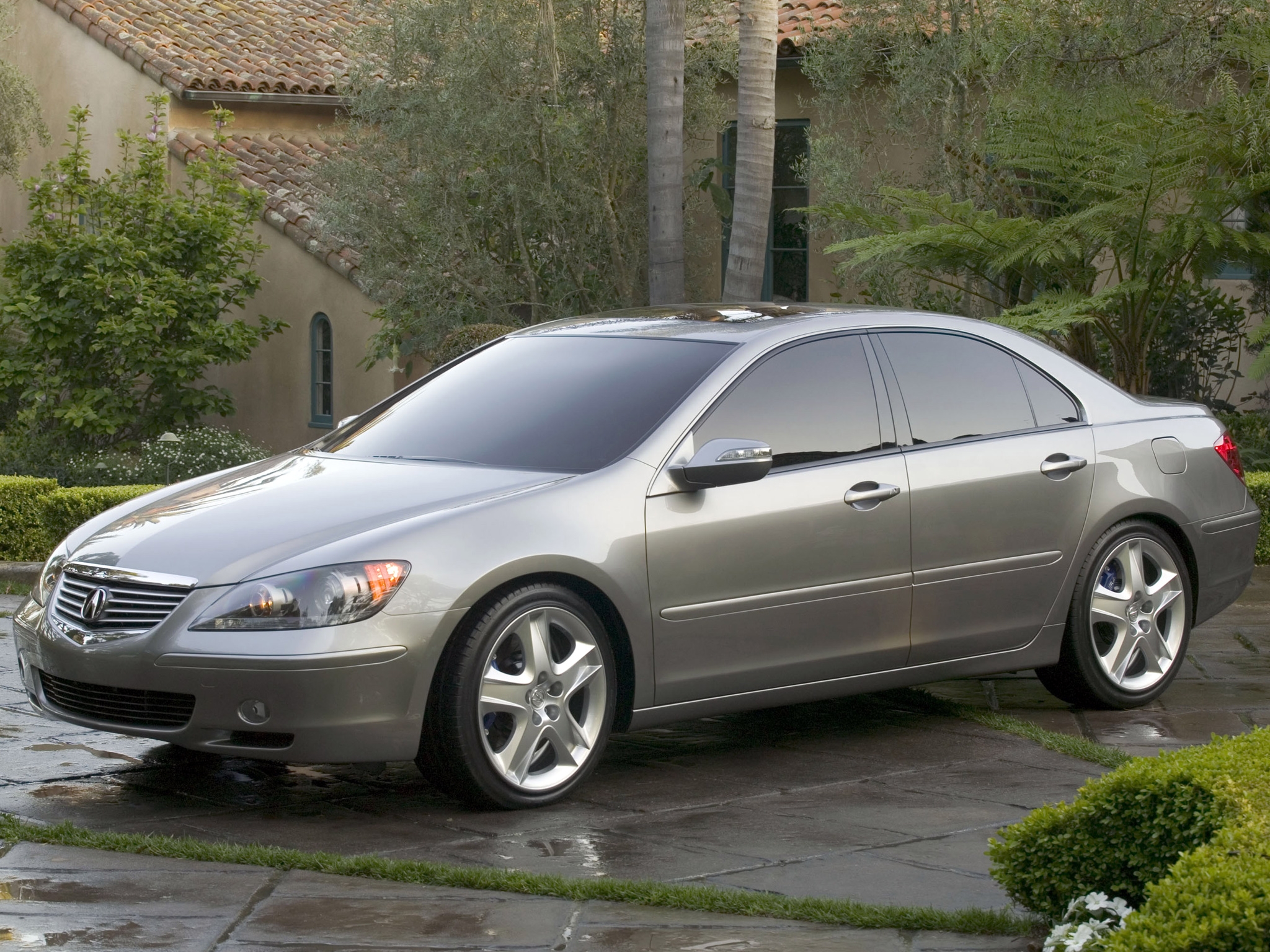 Скачать акура, концепт кар, серый, вид сбоку, стиль, acura, rl, concept, 2004, авто, природа, деревья, трава, отражение, здание обои на рабочий стол