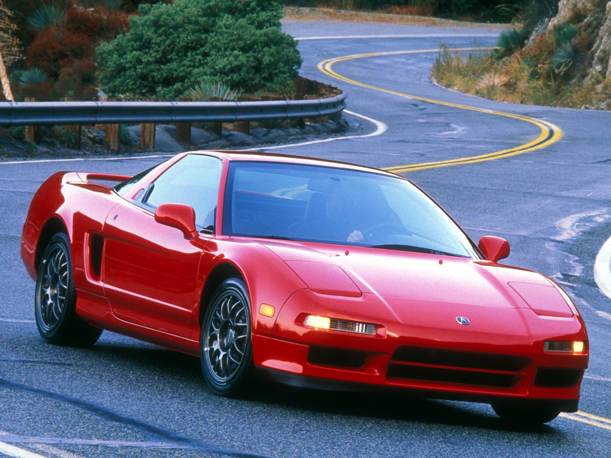 Скачать акура, нсх, 1999, красный, вид спереди, спорт, acura, nsx, стиль, авто, дорога, природа обои на рабочий стол