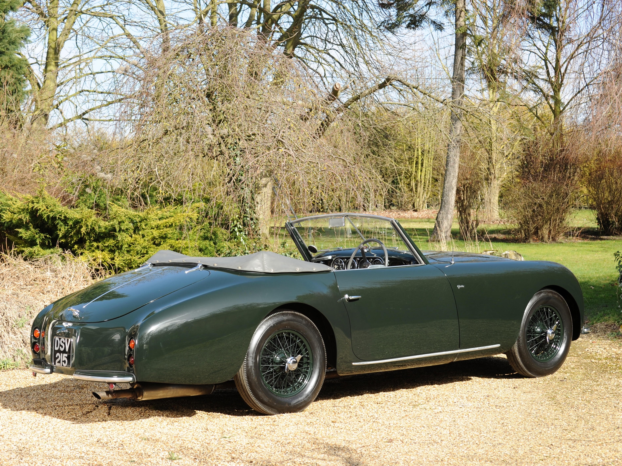 Скачать aston martin, 1952, зеленый, вид сбоку, стиль, авто, ретро, астон мартин, природа, деревья, кустарники обои на рабочий стол