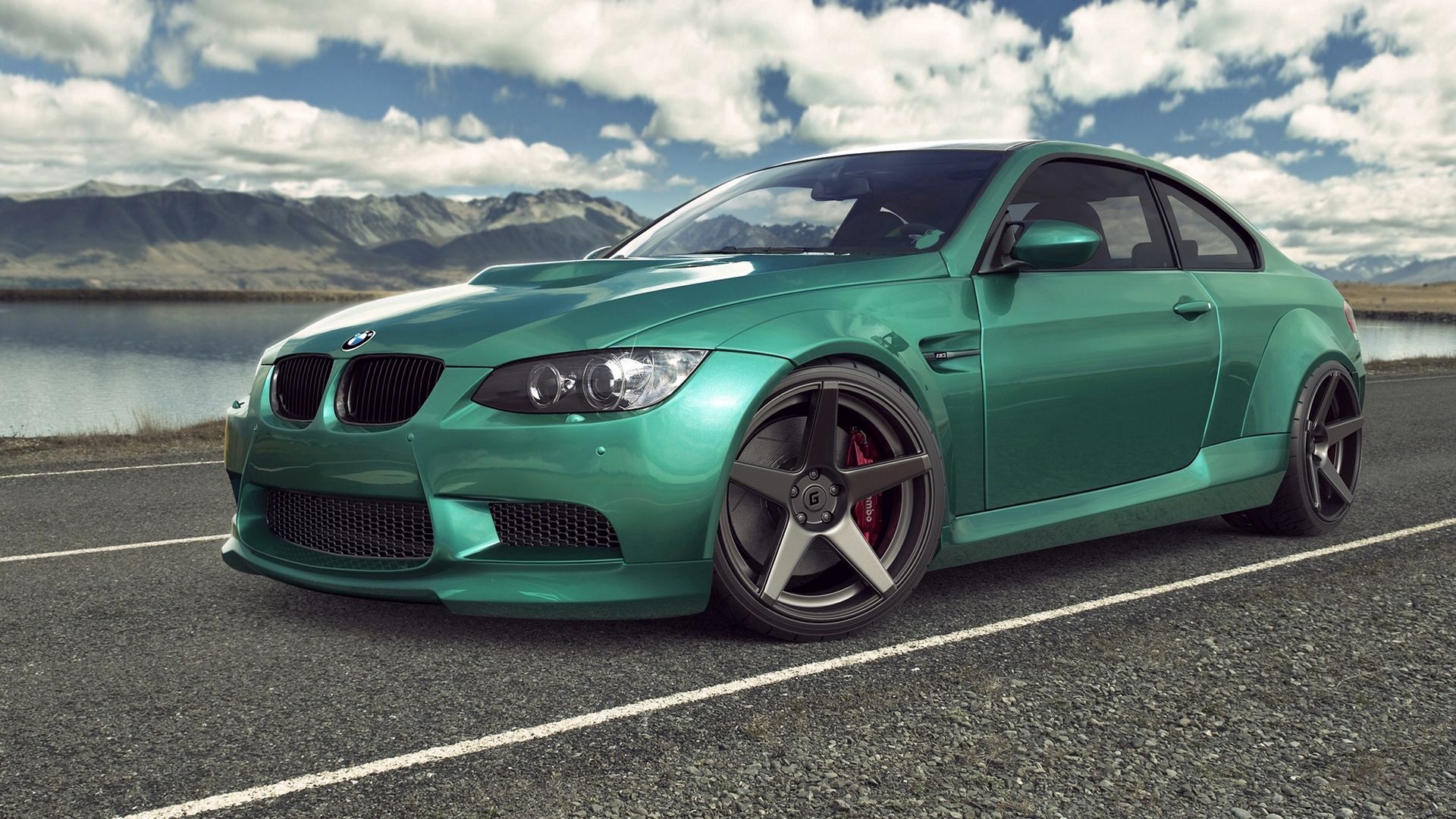 Скачать bmw, m3, e92, green, бмв, м3, авто, машина, зелёная, дорога, небо, облака обои на рабочий стол