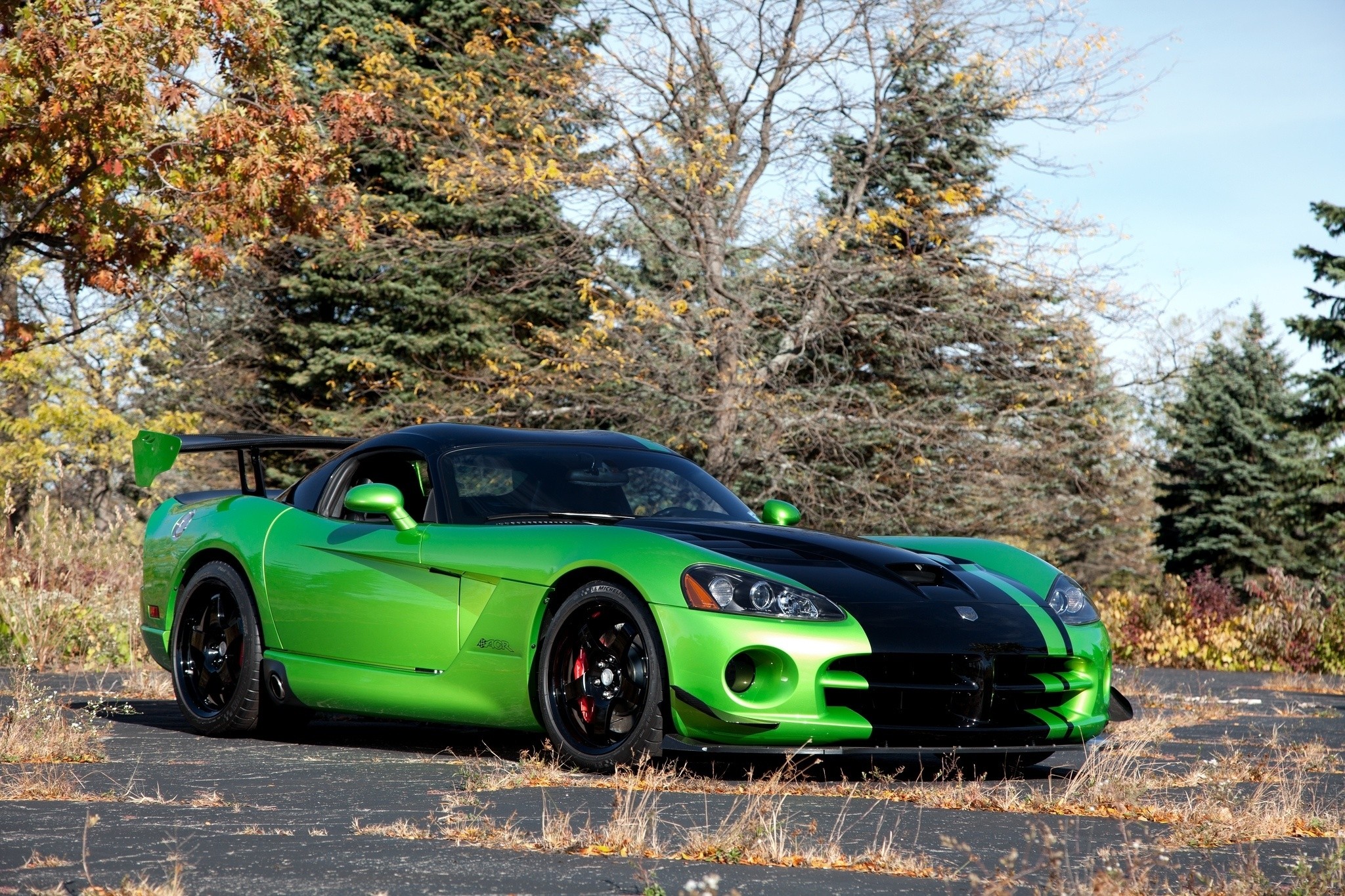 Скачать dodge, viper, acr snakeskin edition, авто, додж, вайпер, зеленый, эстакада, небо обои на рабочий стол