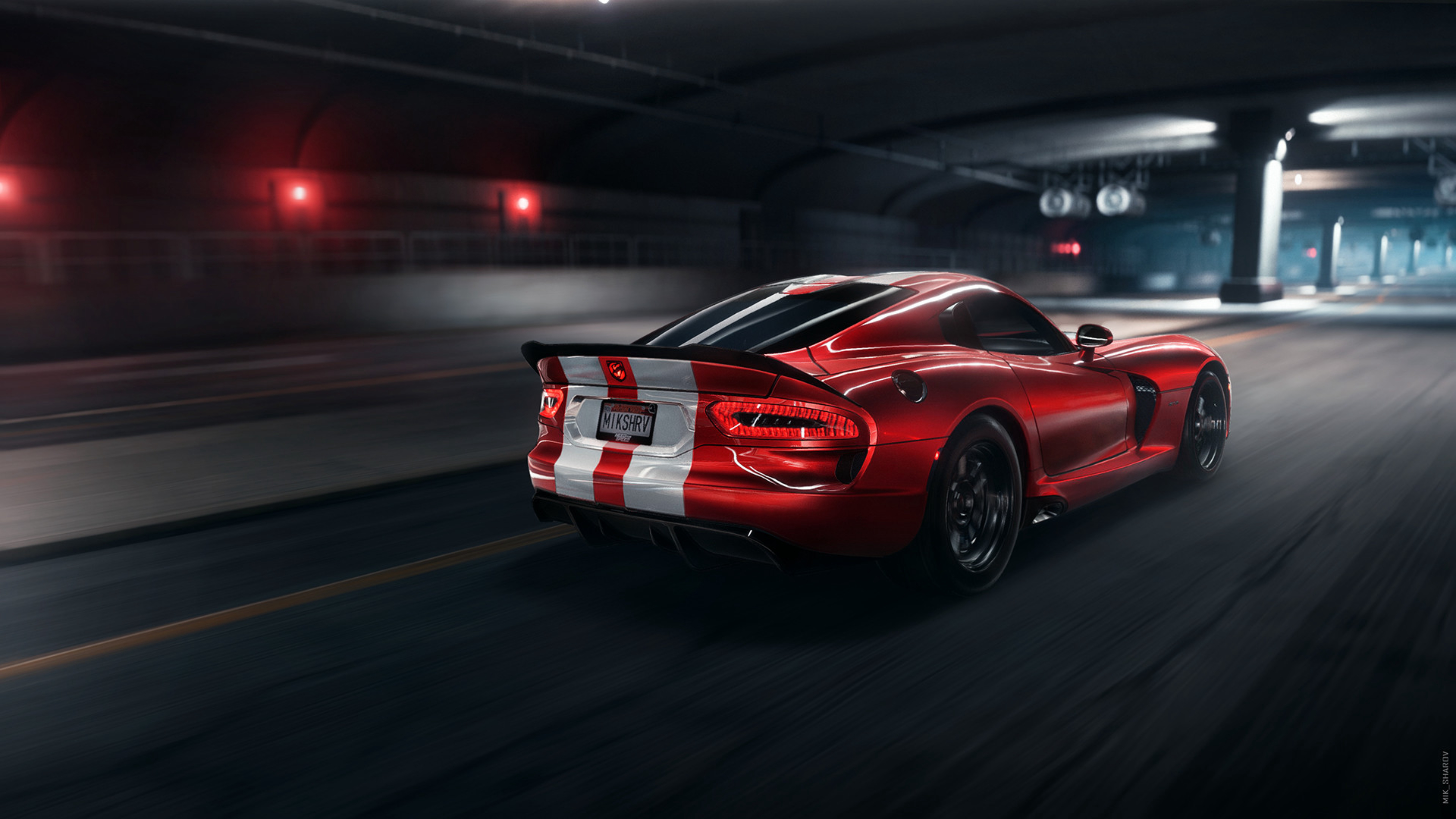 Скачать dodge viper srt, dodge, спорткар, красный, вид сбоку, ночь, тоннель, асфальт обои на рабочий стол