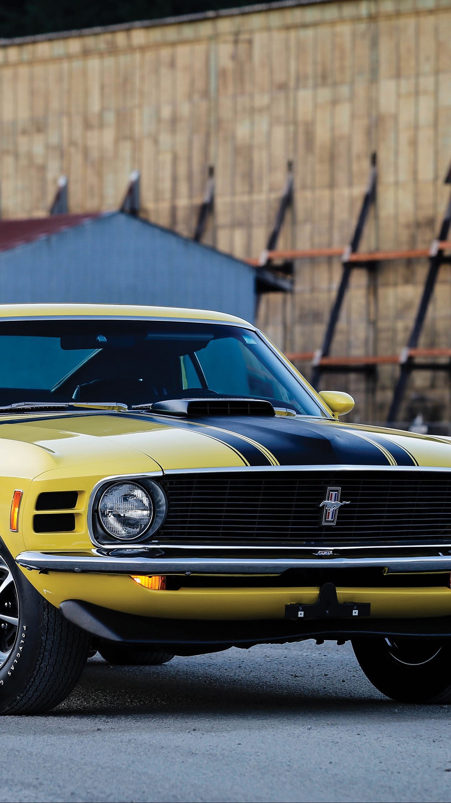 Скачать ford, mustang, boss 302, 1970, желтый, вид сбоку обои для телефона