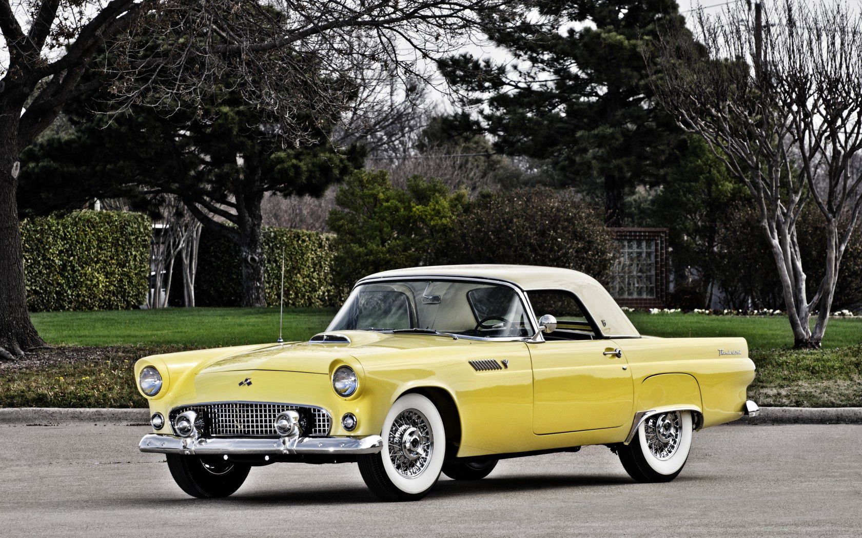 Скачать ford, thunderbird, 1955, желтый, вид сбоку обои на рабочий стол