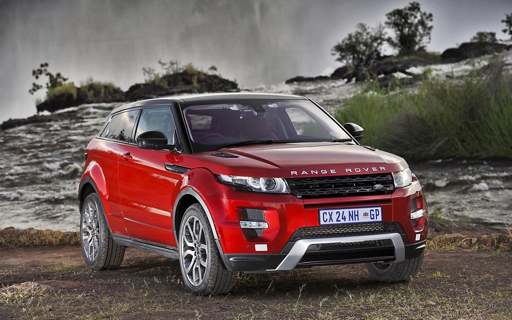 Скачать land rover, range rover, evoque, ланд ровер, рэндж ровер, эвок, внедорожник, south africa, водопад, jeep, джип, red, красный, car, автомобиль обои на рабочий стол