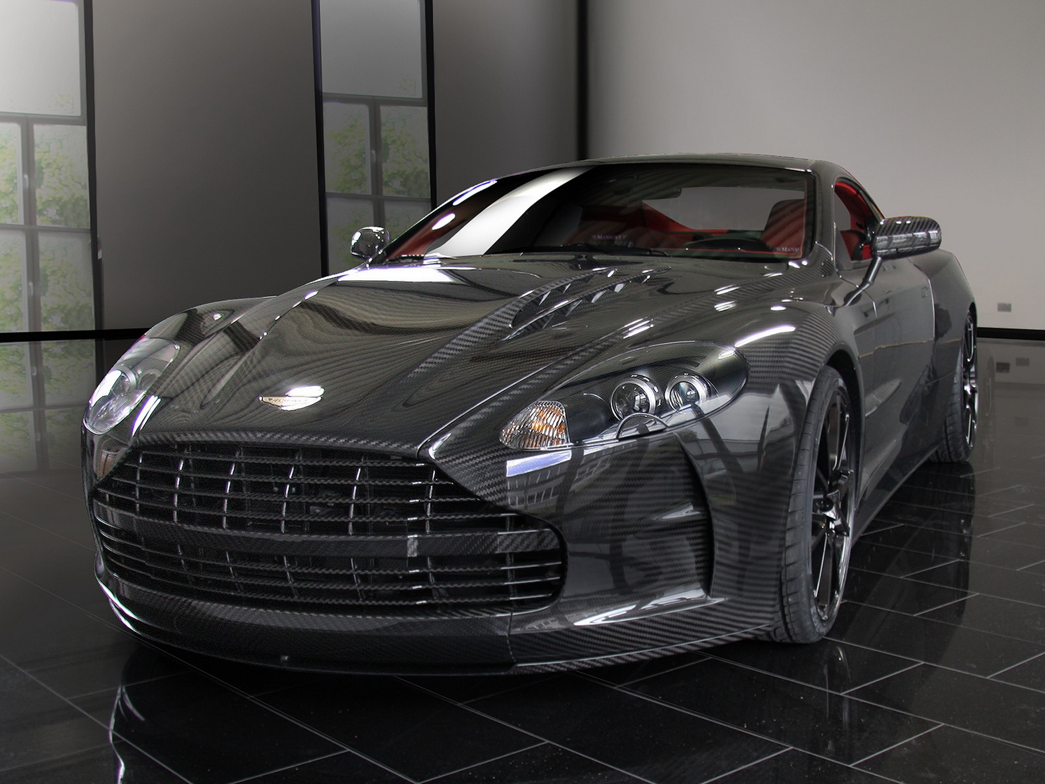 Скачать mansory, aston martin, dbs, 2009, черный, вид спереди, стиль, астон мартин, отражение обои на рабочий стол