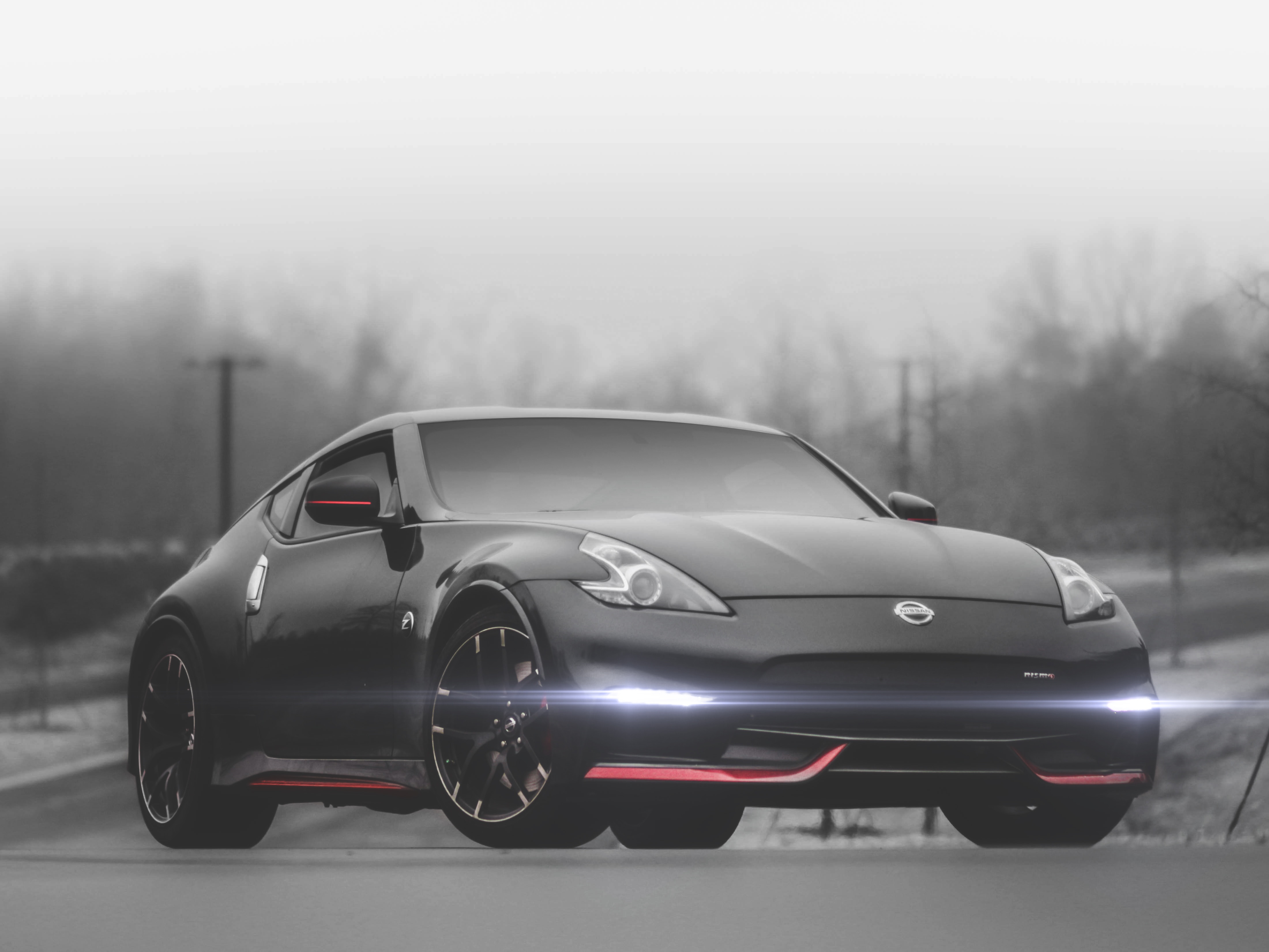 Скачать nissan 370z, nissan, автомобиль, черный, туман обои на рабочий стол