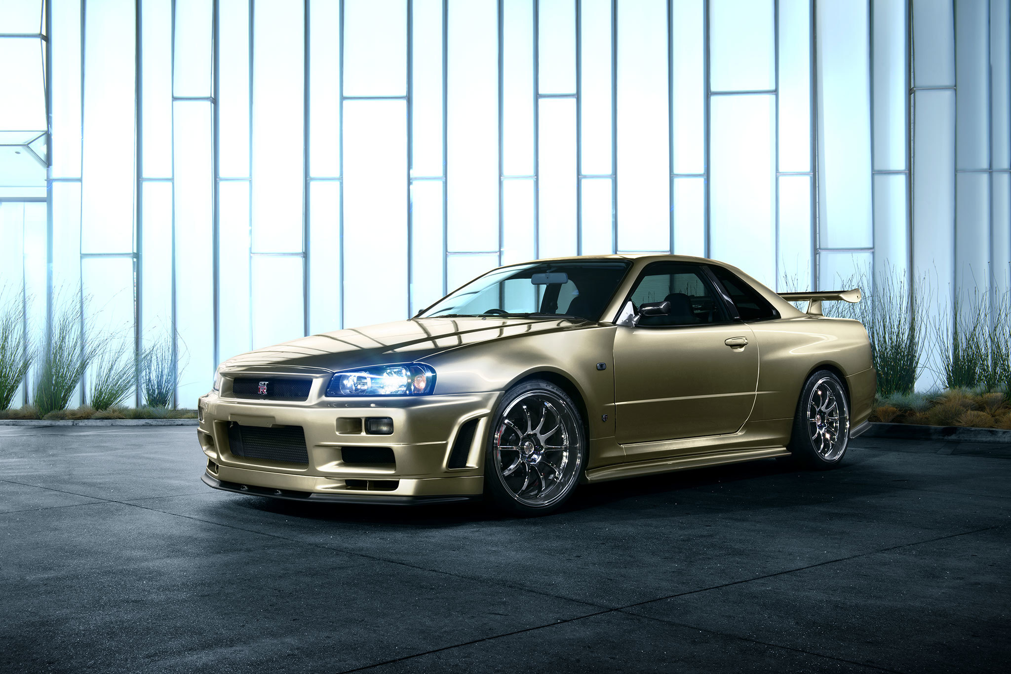 Скачать nissan skyline, r34, золотистый, вид сбоку обои на рабочий стол