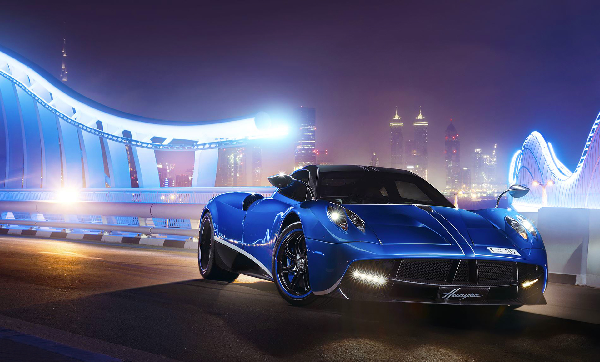 Скачать pagani, huayra, синий, вид спереди, ночь обои на рабочий стол