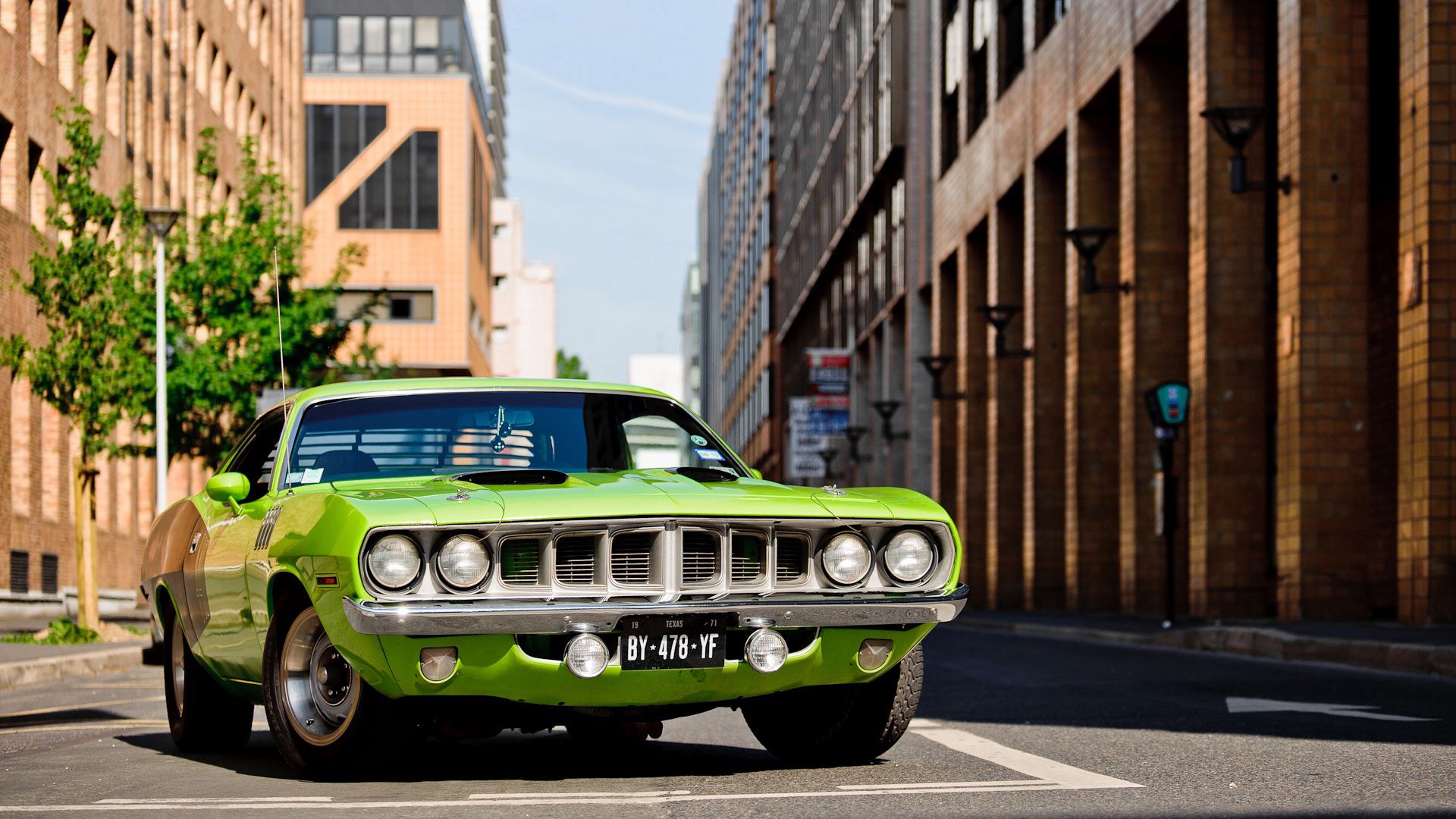 Скачать plymouth, barracuda, 1971, зеленый, передний бампер обои на рабочий стол