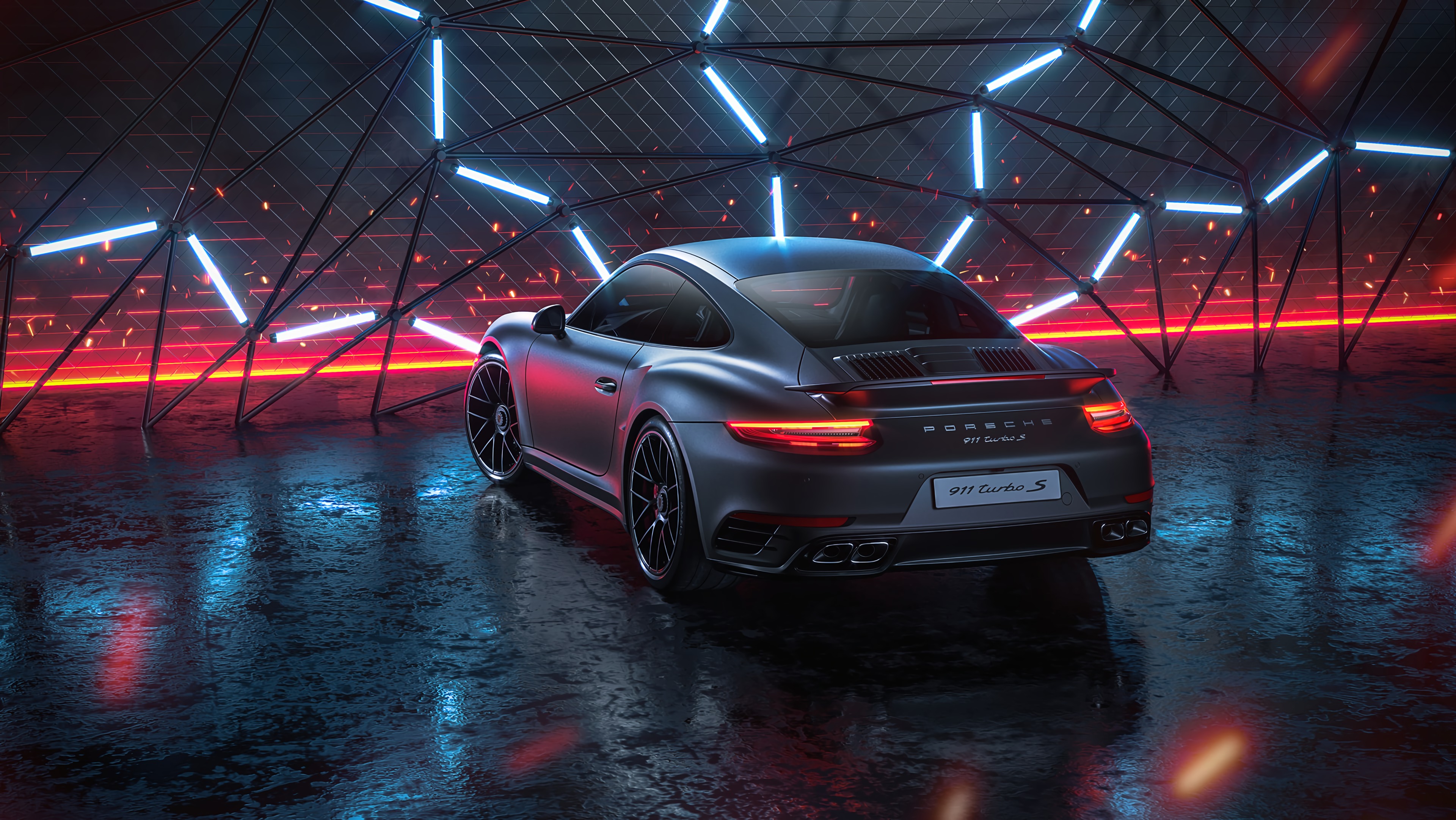 Скачать porsche 911 turbo s, porsche, машина, спорткар, серый, неон, ночь обои на рабочий стол