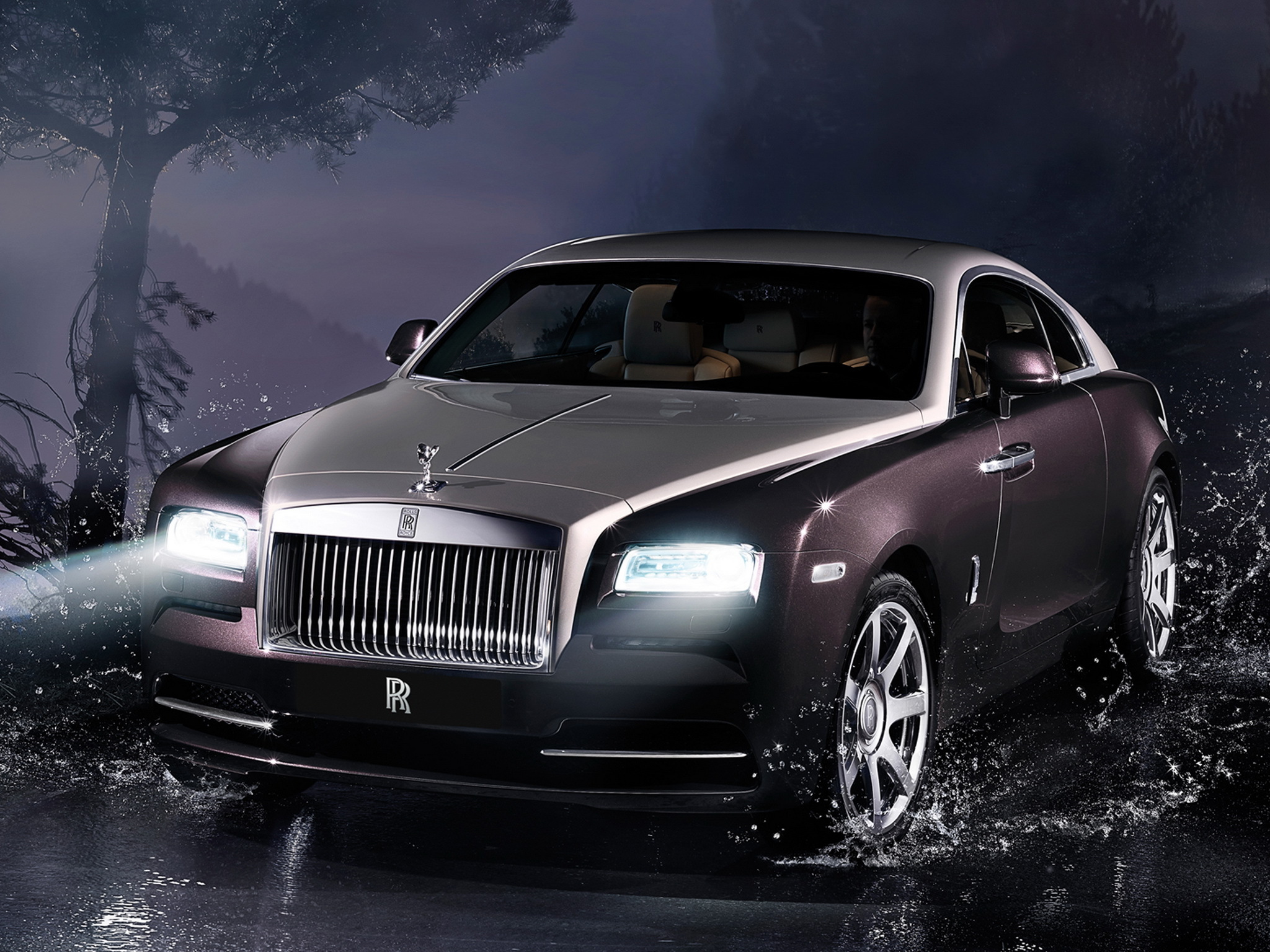 Скачать rolls-royce, wraith, rolls-royce wraith 2013, вид спереди, ночь обои на рабочий стол