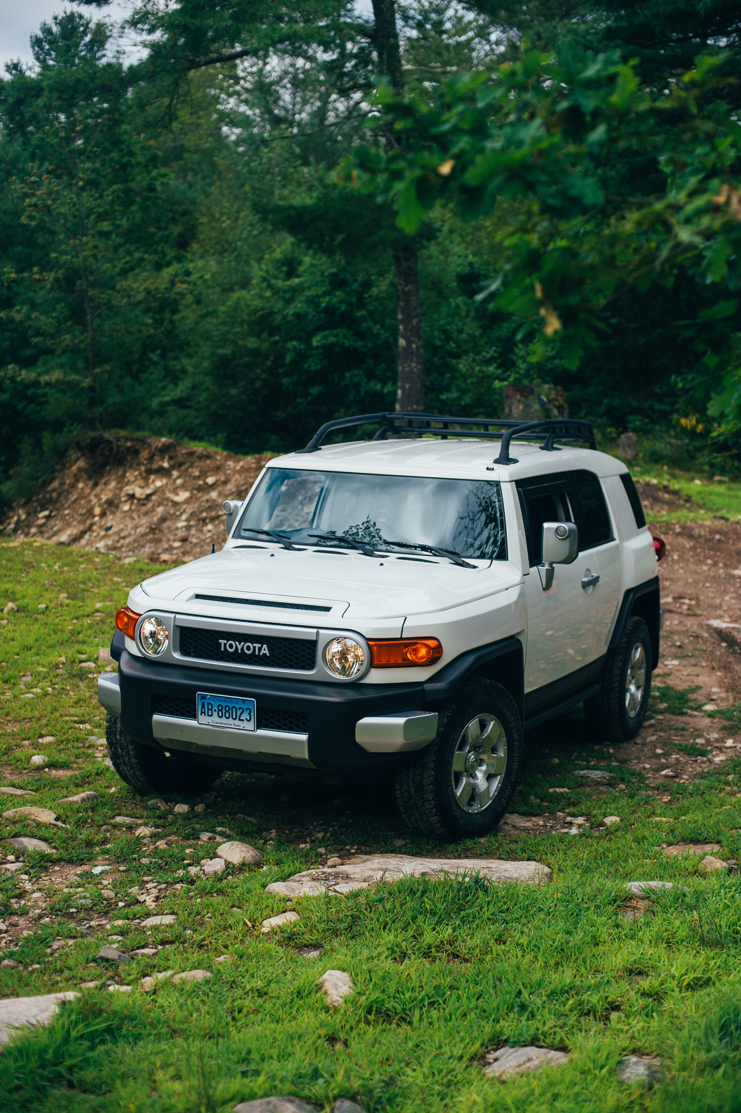 Скачать toyota fj cruiser, toyota, автомобиль, внедорожник, серый, лес, трава обои для телефона