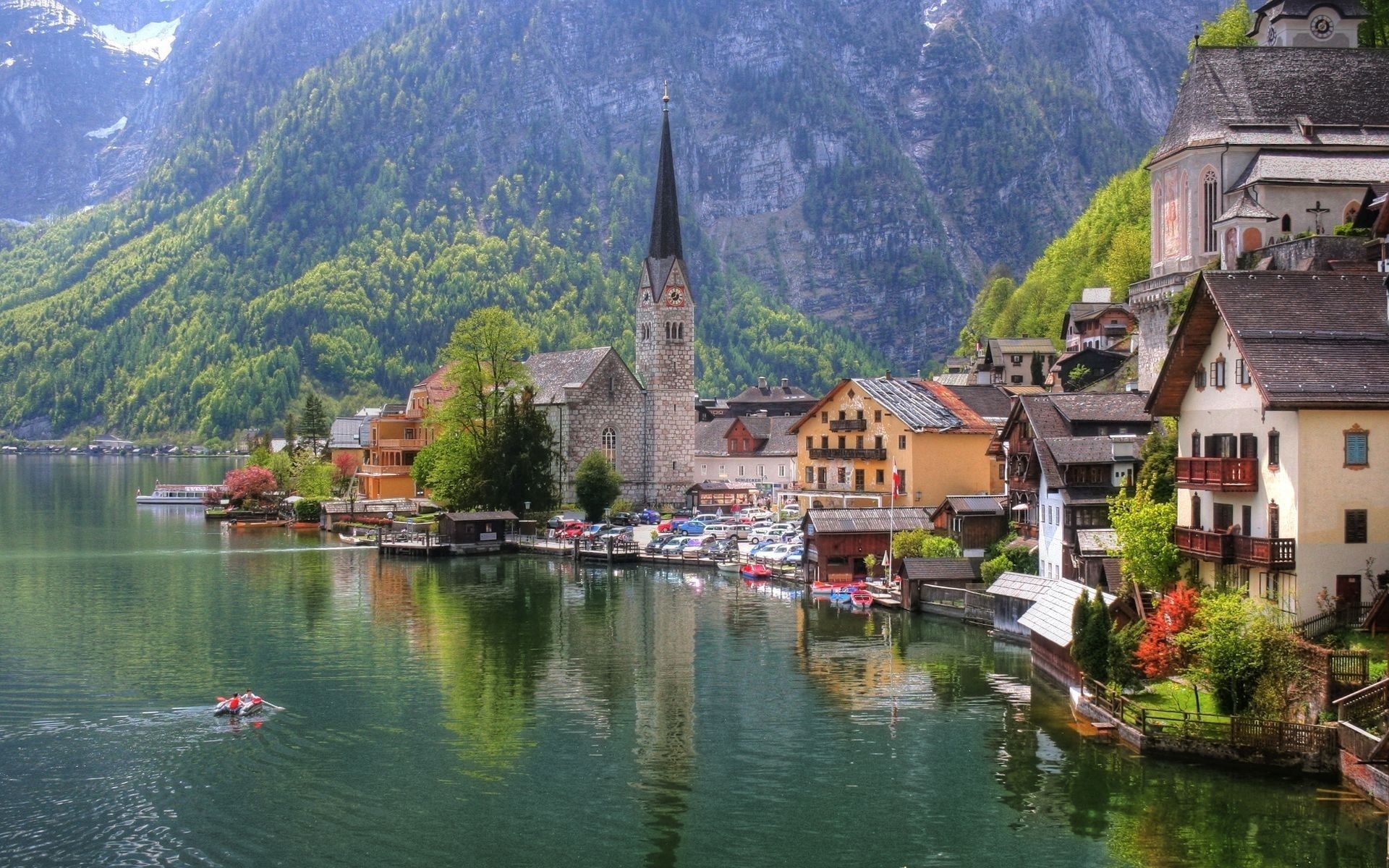 Скачать австрия, озеро, дома, церковь, город, austria обои на рабочий стол